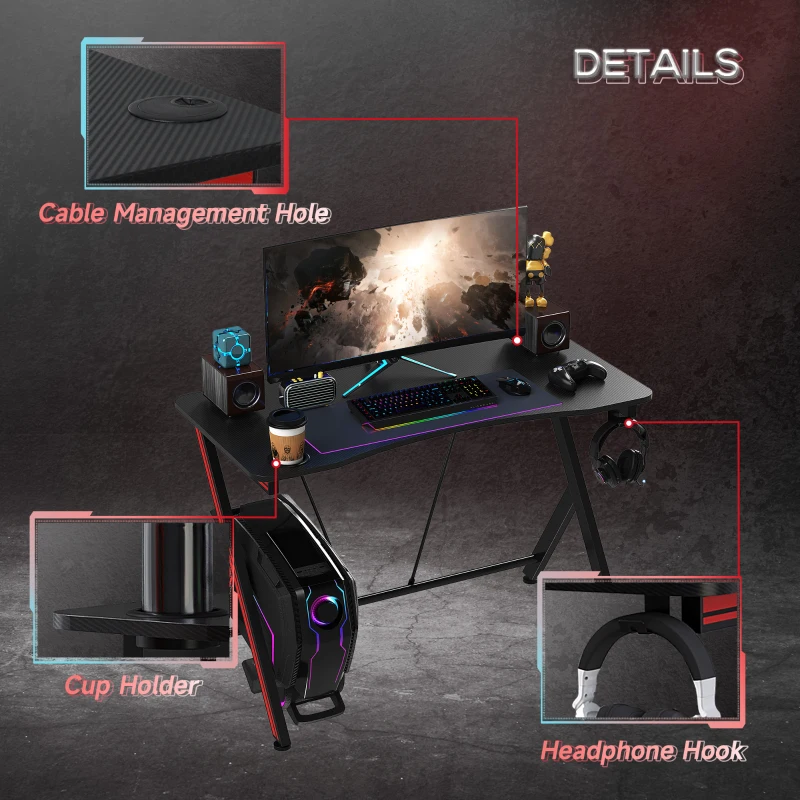 HomCom 41 inch Gaming Computer Desk, Home Office Gamer Table Workstation with Cup Holder, Headphone Hook, Cable Management, Carbon Fiber Surface