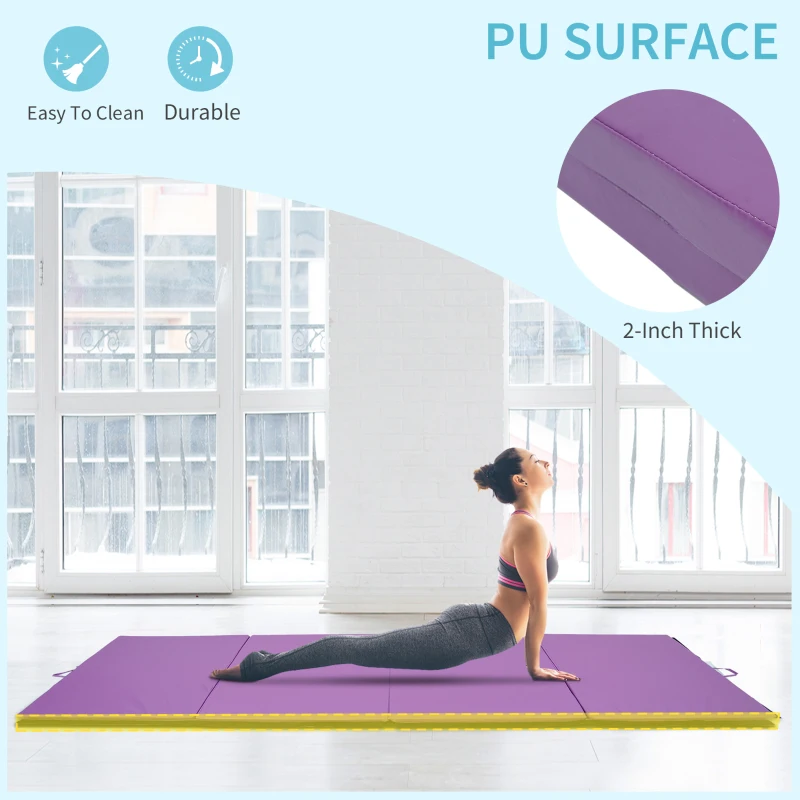 Soozier 4'x10'x2'' Folding Gymnastics Tumbling Mat, Exercise Mat  with Carrying Handles for Yoga, MMA, Martial Arts, Stretching, Purple