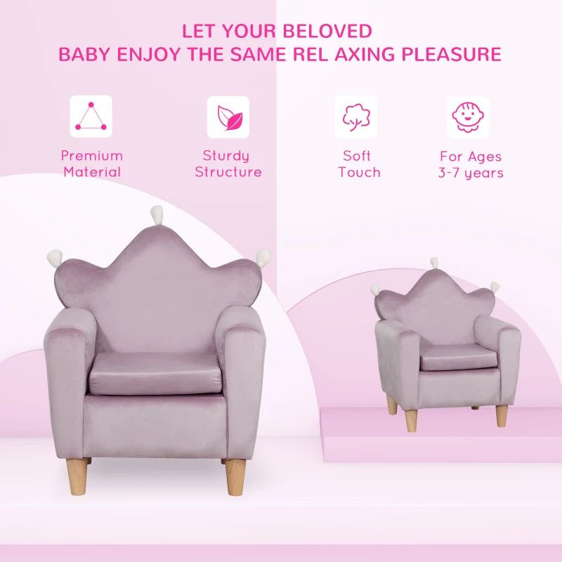 Qaba Kids Sofa, Armrest Chair for Preschool, Toddler Couch for Kids Room, Kindergarten, Dutch Velvet, Eucalyptus Wood, Purple