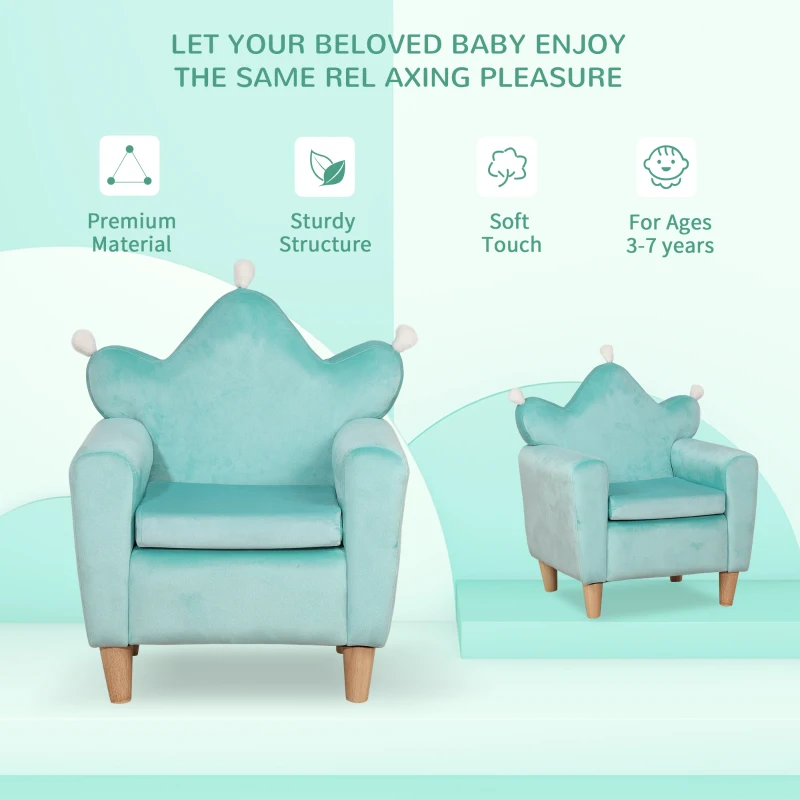 Qaba Kids Sofa, Armrest Chair for Preschool, Toddler Couch for Kids Room, Kindergarten, Dutch Velvet, Eucalyptus Wood, Light Blue