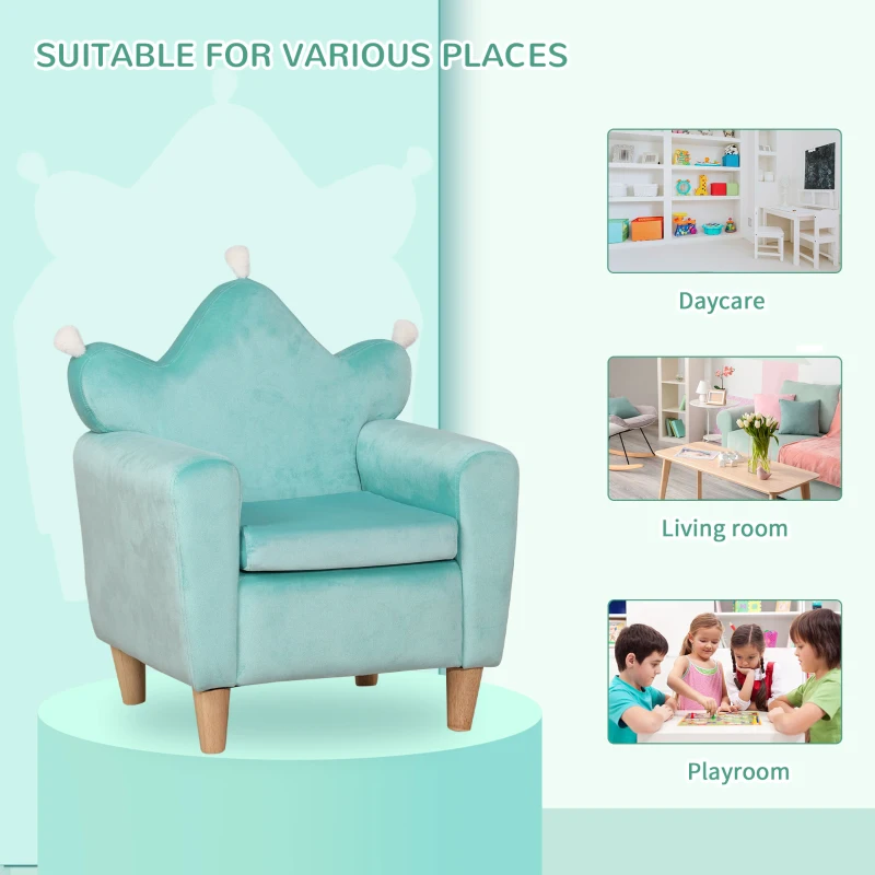 Qaba Kids Sofa, Armrest Chair for Preschool, Toddler Couch for Kids Room, Kindergarten, Dutch Velvet, Eucalyptus Wood, Light Blue