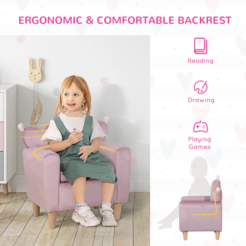 Qaba Kids Sofa, Armrest Chair for Preschool, Toddler Couch for Kids Room, Kindergarten, Dutch Velvet, Eucalyptus Wood, Purple