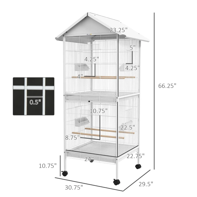 PawHut 67"H Bird Cage with Rolling Stand, Cockatiels Finches Budgie Cage with Divider, Removable Trays  - White