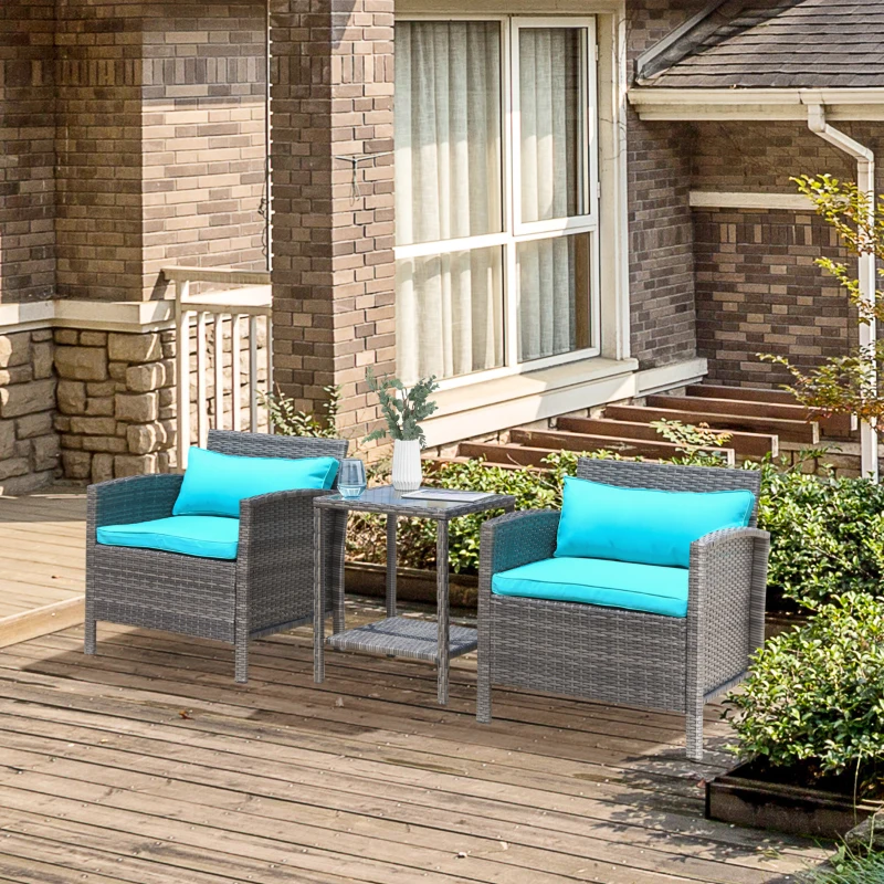 Outsunny 3 Piece Patio Furniture Set w/ Cushions, PE Rattan Outdoor Table And Chairs, 2-Tier Glass Top Coffee Table, Green