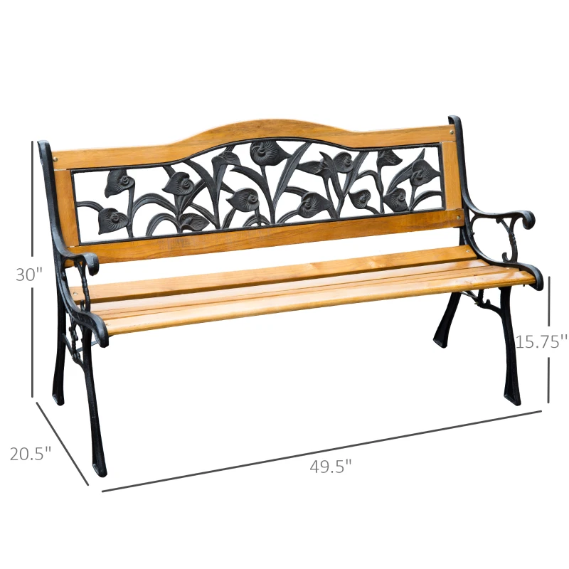 Outsunny 50" 2-Seater Garden Bench Chair, Loveseat for Yard, Lawn, Porch, Patio, Cast Iron/ Wooded, Natural