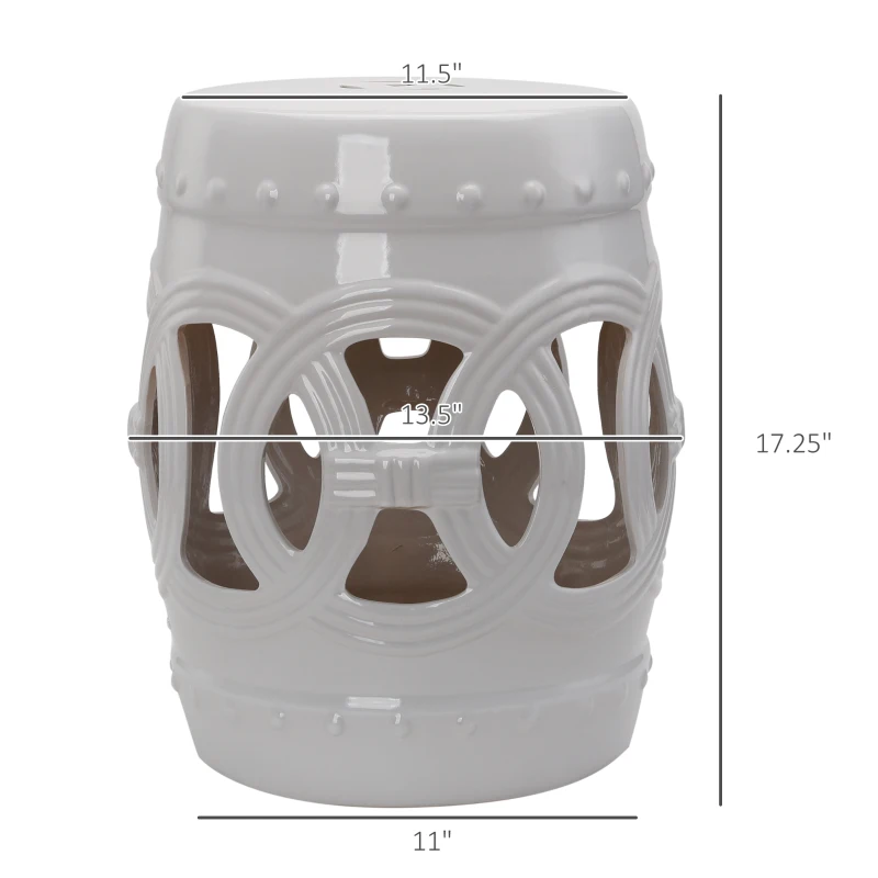 Outsunny 14" x 17" Ceramic Garden Stool with Double-Coin Knotted Ring Design & Strong Glazed Material, Decorative Outdoor Stool, Home Collection, White