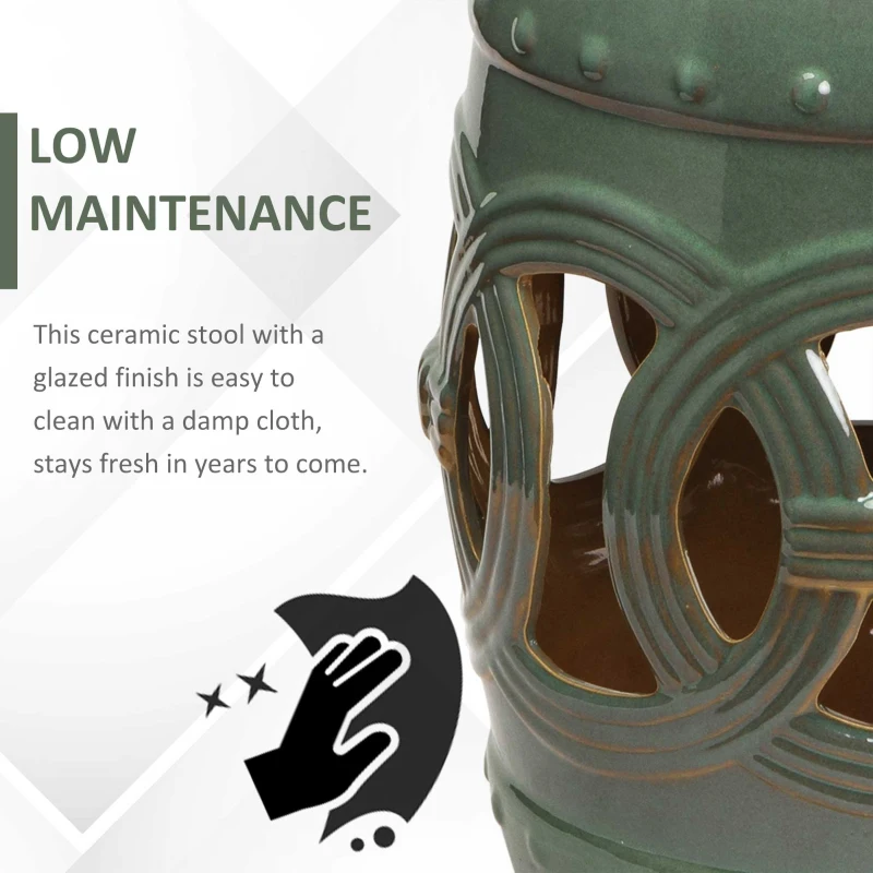 Outsunny 14" x 17" Ceramic Garden Stool with Double-Coin Knotted Ring Design & Strong Glazed Material, Decorative Outdoor Stool, Home Collection, Green