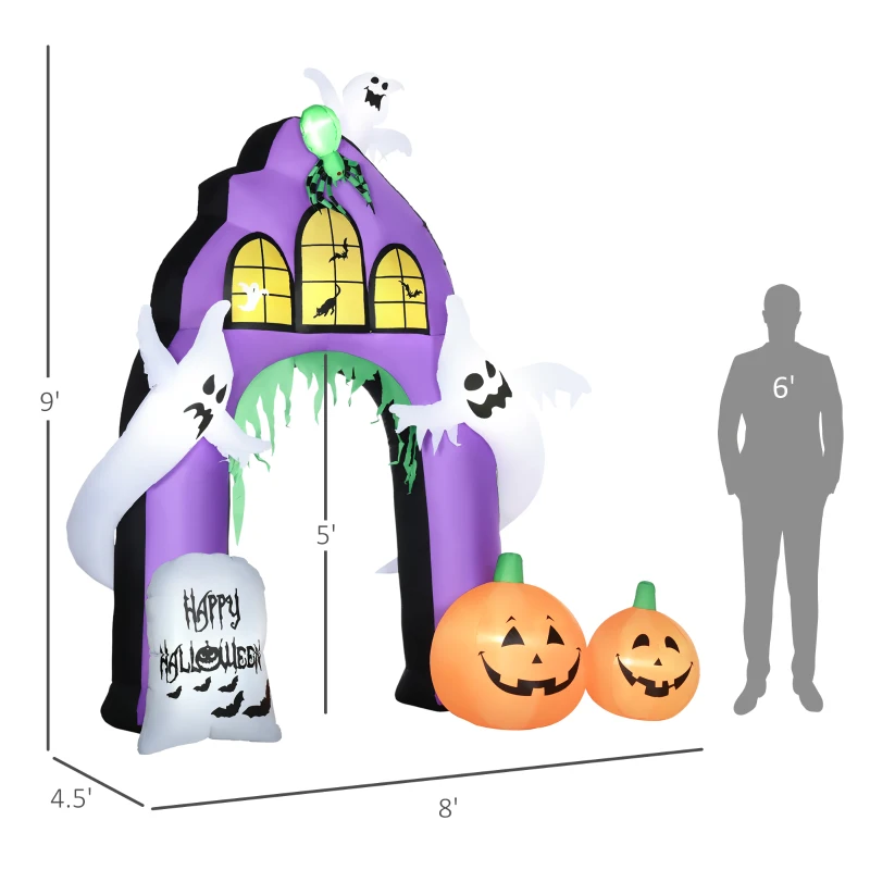HOMCOM 9ft Halloween Inflatables Outdoor Decorations Castle Archway with Ghosts, Pumpkins, Spider and Tombstone, Blow Up LED Yard Decor Indoor Outdoor for Garden, Lawn, Party, Holiday