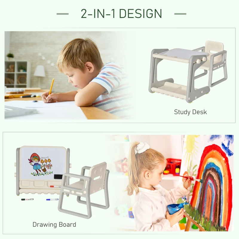 Qaba Wooden Kids Table and Chair Set with Toy Storage Bench and 2  Chairs for Indoor Writing Reading Dinning, Grey/White
