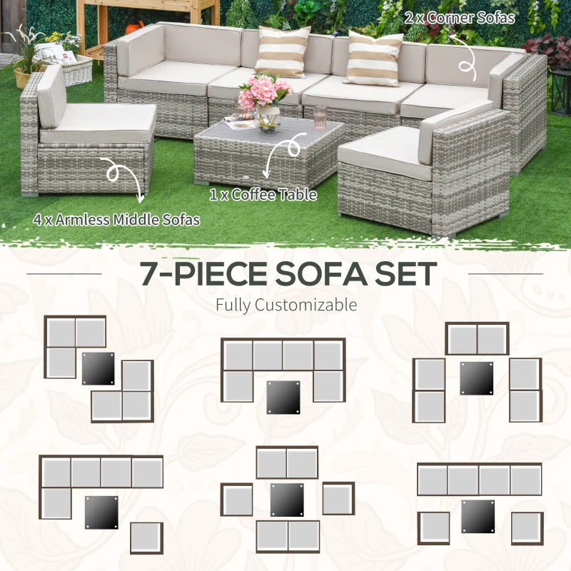 Outsunny 7-Piece Outdoor Wicker Patio Sofa Set, Modern Rattan Conversation Furniture Set with Cushions, and Tea Table, Beige