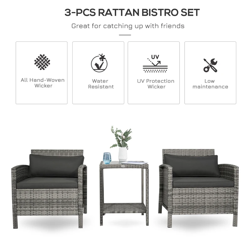 Outsunny 3 Piece Patio Furniture Set w/ Cushions, PE Rattan Outdoor Table And Chairs, 2-Tier Glass Top Coffee Table, Gray