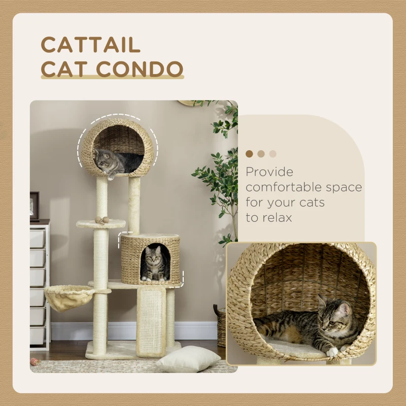 PawHut 59 Inch Cat Tree for Indoor Cats with Cat Condo, Hammock, Beige