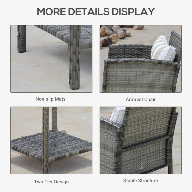 Outsunny 3 Piece Patio Furniture Set w/ Cushions, PE Rattan Outdoor Table And Chairs, 2-Tier Glass Top Coffee Table, Striped