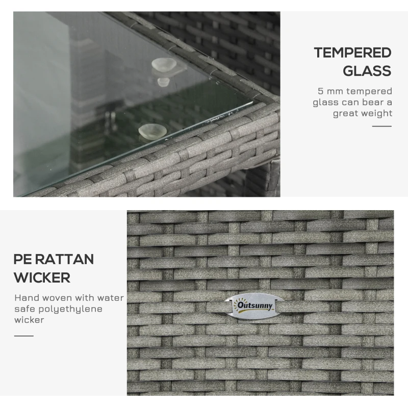 Outsunny 3 Piece Patio Furniture Set w/ Cushions, PE Rattan Outdoor Table And Chairs, 2-Tier Glass Top Coffee Table, Gray