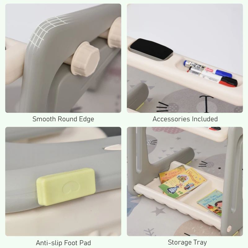 Qaba Wooden Kids Table and Chair Set with Toy Storage Bench and 2  Chairs for Indoor Writing Reading Dinning, Grey/White