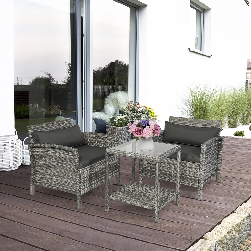 Outsunny 3 Piece Patio Furniture Set w/ Cushions, PE Rattan Outdoor Table And Chairs, 2-Tier Glass Top Coffee Table, Gray