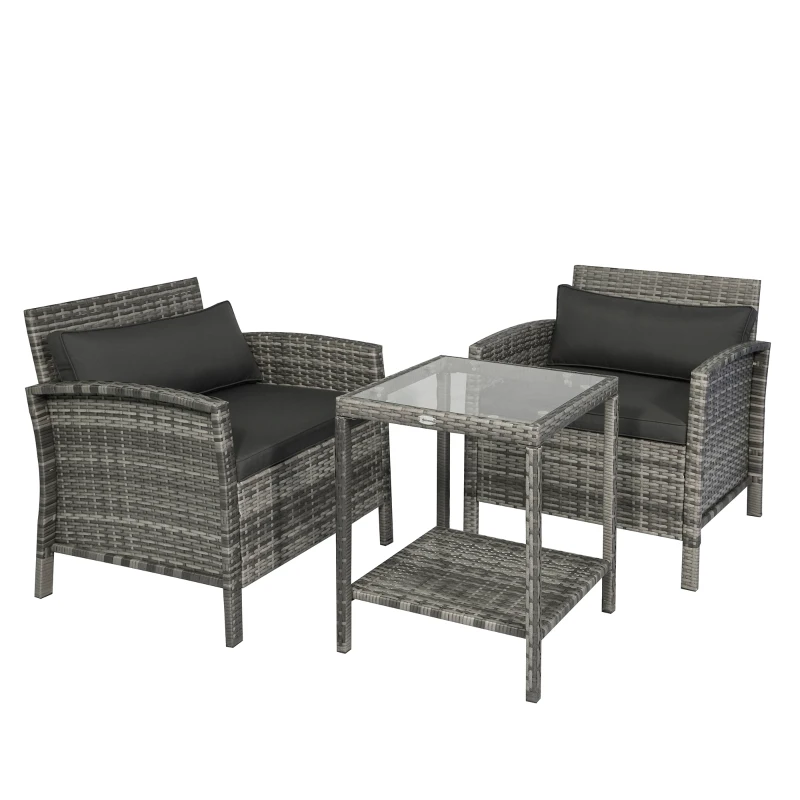 Outsunny 3 Piece Patio Furniture Set w/ Cushions, PE Rattan Outdoor Table And Chairs, 2-Tier Glass Top Coffee Table, Gray