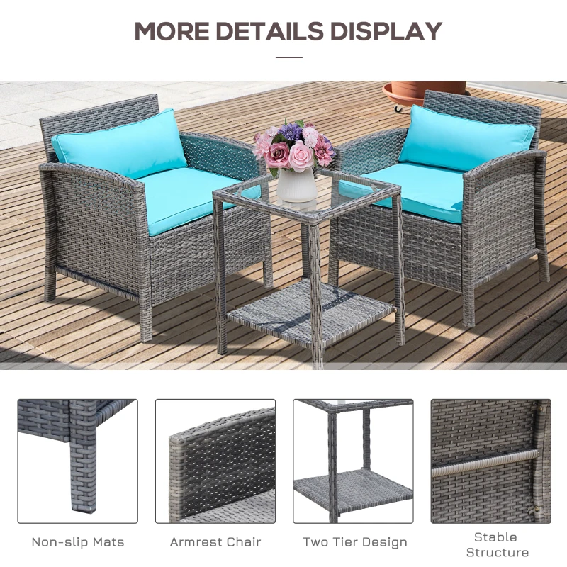 Outsunny 3 Piece Patio Furniture Set w/ Cushions, PE Rattan Outdoor Table And Chairs, 2-Tier Glass Top Coffee Table, Green