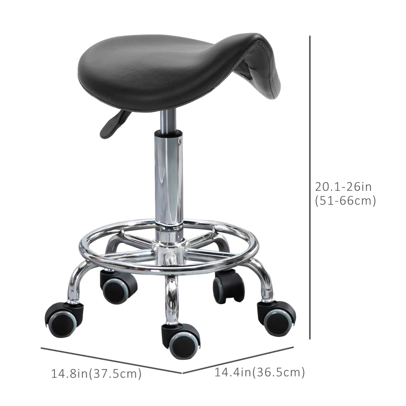 HOMCOM Saddle Stool, PU Leather Adjustable Rolling Salon Chair for Massage, Spa, Clinic, Beauty and Tattoo, Black