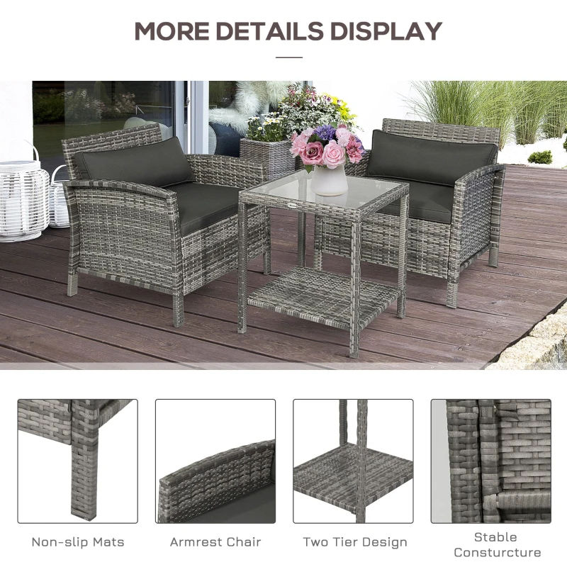 Outsunny 3 Piece Patio Furniture Set w/ Cushions, PE Rattan Outdoor Table And Chairs, 2-Tier Glass Top Coffee Table, Gray