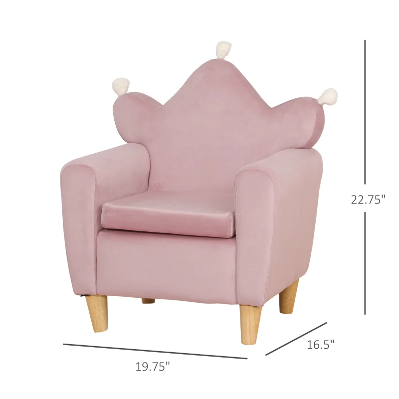 Qaba Soft Kids Sofa Chair, Single Lounger Armchair for Children with Strong Frame, Cute Pink Crown Throne for Relaxing, Watching TV, Studying