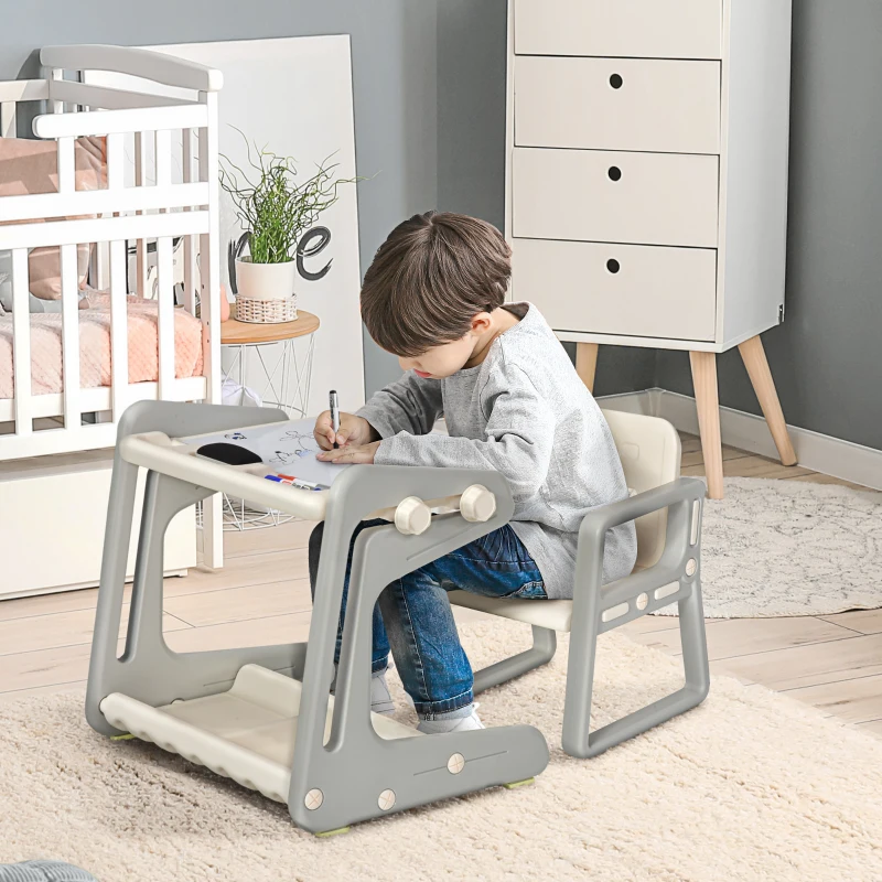 Qaba Wooden Kids Table and Chair Set with Toy Storage Bench and 2  Chairs for Indoor Writing Reading Dinning, Grey/White