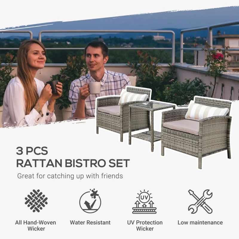 Outsunny 3 Piece Patio Furniture Set w/ Cushions, PE Rattan Outdoor Table And Chairs, 2-Tier Glass Top Coffee Table, Striped