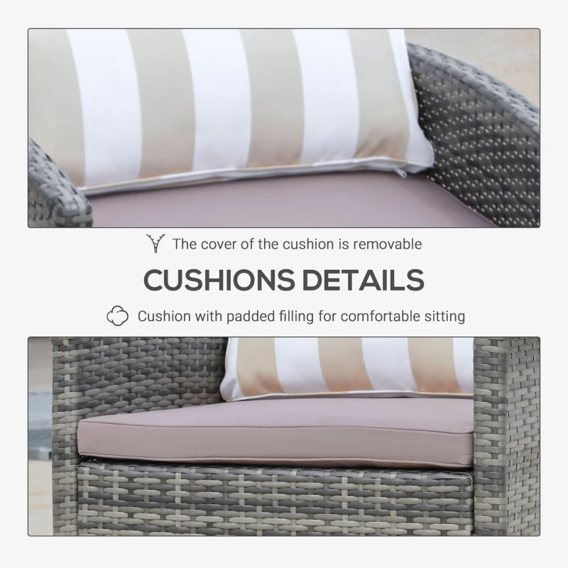 Outsunny 3 Piece Patio Furniture Set w/ Cushions, PE Rattan Outdoor Table And Chairs, 2-Tier Glass Top Coffee Table, Striped