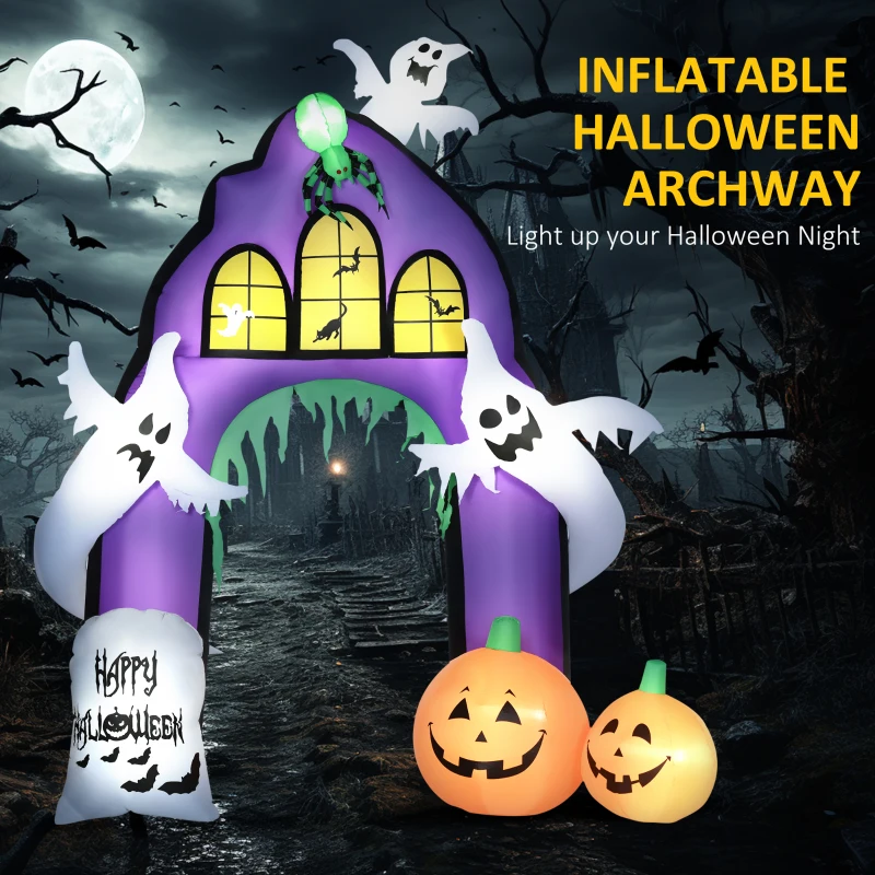 HOMCOM 9ft Halloween Inflatables Outdoor Decorations Castle Archway with Ghosts, Pumpkins, Spider and Tombstone, Blow Up LED Yard Decor Indoor Outdoor for Garden, Lawn, Party, Holiday