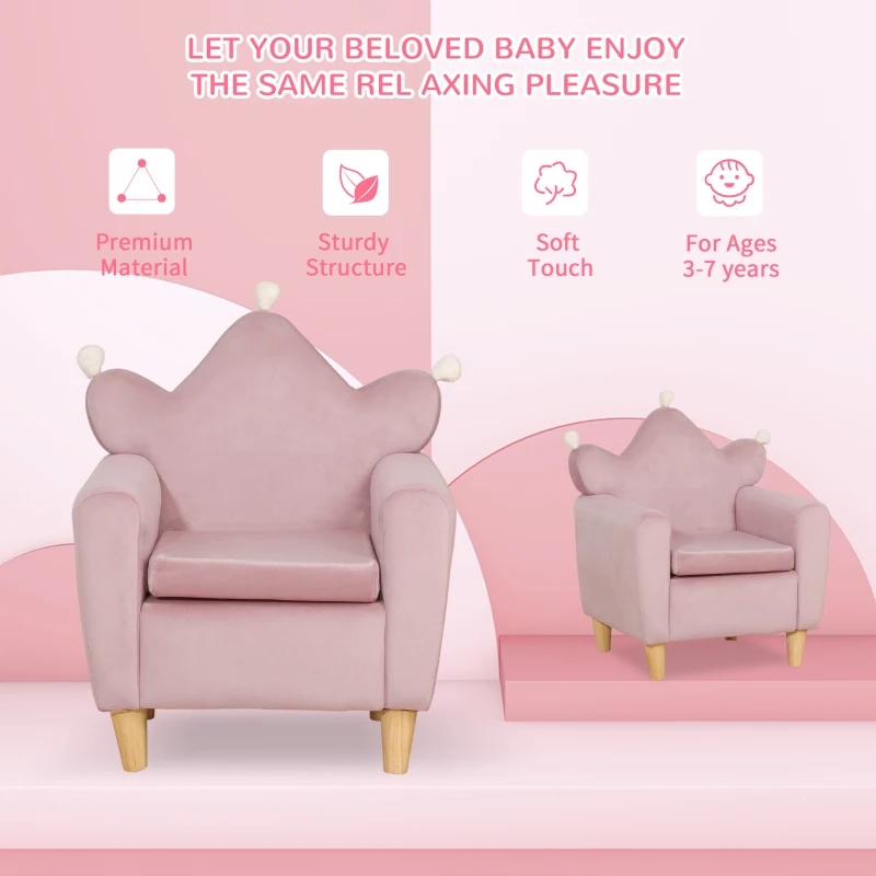Qaba Soft Kids Sofa Chair, Single Lounger Armchair for Children with Strong Frame, Cute Pink Crown Throne for Relaxing, Watching TV, Studying