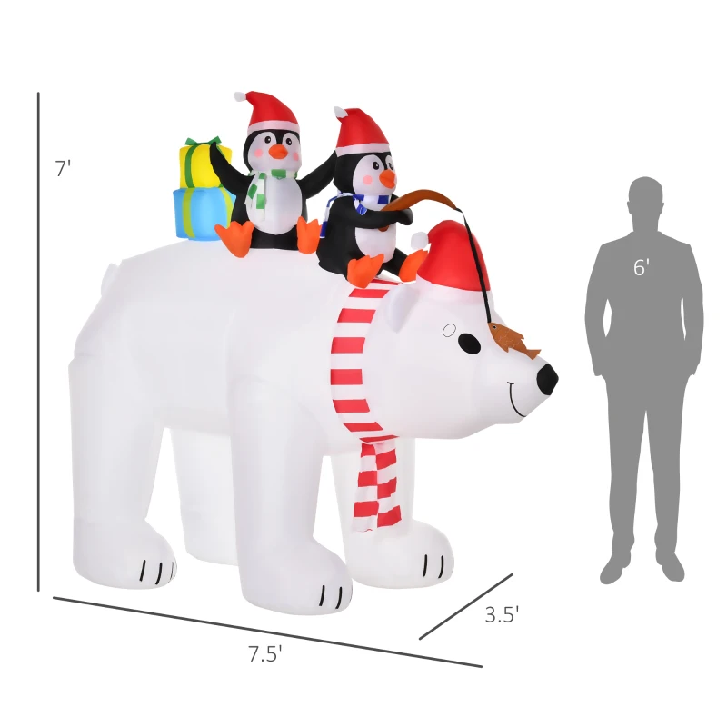 HOMCOM 7 ft Polar Bear and Penguins Christmas Inflatable, LED Lighted Outdoor Holiday Blow Up Yard Decoration