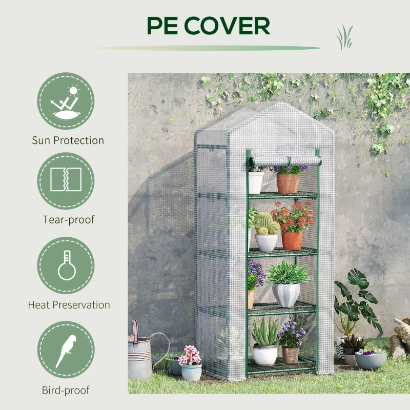 Outsunny 28" x 20" x 63" Portable Greenhouse with 4 Tier Shelves Outdoor Hot House Plant Flower Greenhouse, Steel Frame, PE Cover, White
