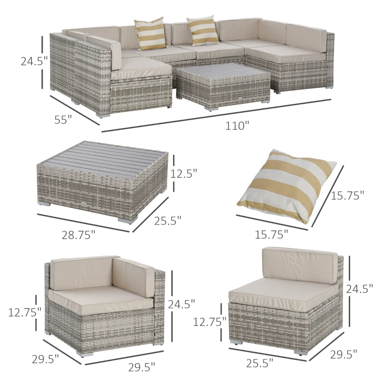 Outsunny 7-Piece Outdoor Wicker Patio Sofa Set, Modern Rattan Conversation Furniture Set with Cushions, and Tea Table, Beige