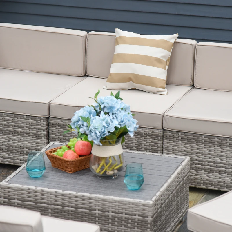 Outsunny 7-Piece Outdoor Wicker Patio Sofa Set, Modern Rattan Conversation Furniture Set with Cushions, and Tea Table, Beige
