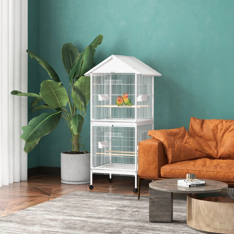 PawHut 67"H Bird Cage with Rolling Stand, Cockatiels Finches Budgie Cage with Divider, Removable Trays  - White