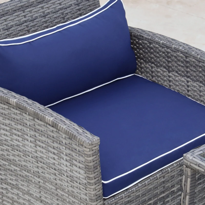 Outsunny 3 Piece Patio Furniture Set w/ Cushions, PE Rattan Outdoor Table And Chairs, 2-Tier Glass Top Coffee Table, Blue