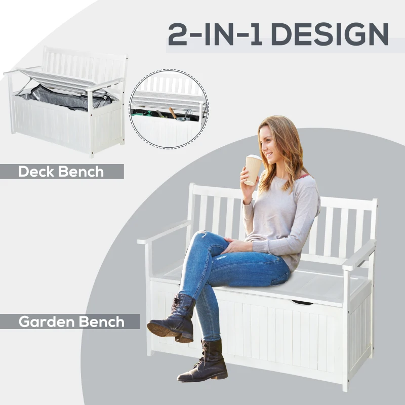 Outsunny 41 Gallon Outdoor Storage Bench, Wooden Deck Box with Inner Waterproof PE Lining, 2-Seat Container for Patio Garden Balcony Yard Store Garden Tools, White