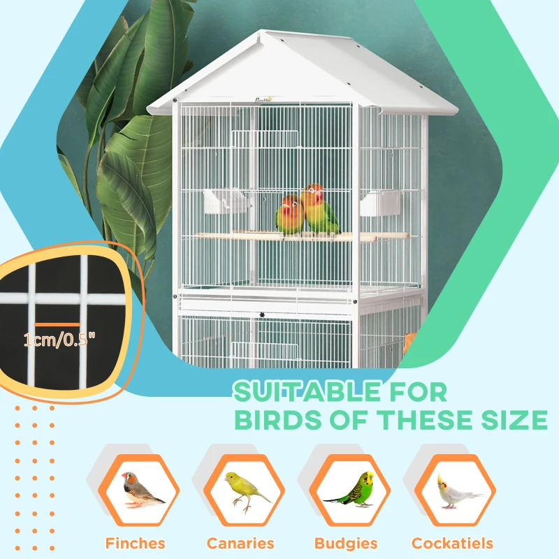 PawHut 67"H Bird Cage with Rolling Stand, Cockatiels Finches Budgie Cage with Divider, Removable Trays  - White