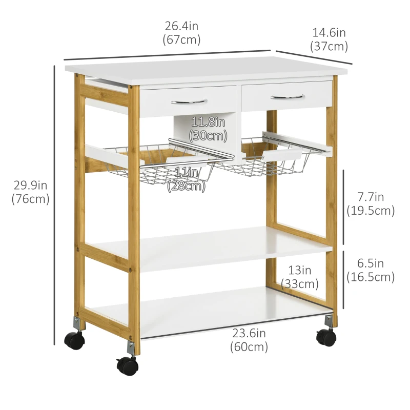 HOMCOM Kitchen Island with Storage, Bamboo Kitchen Cart on Wheels with 2 Drawers, 2 Metal Baskets, Open Shelves and Casters with Lock, Natural