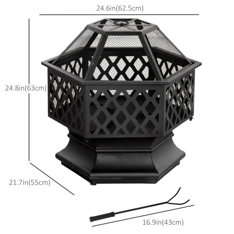 Outsunny Outdoor Fire Pit with Mesh Lid, Portable Wood Burning Firebowl with Poker for Patio, Backyard, Black