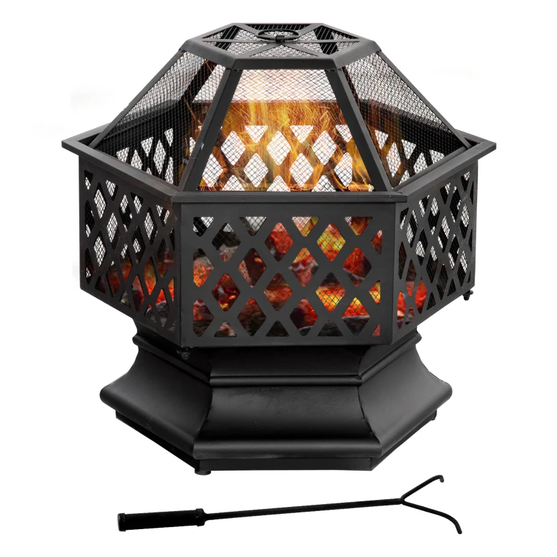 Outsunny Outdoor Fire Pit with Mesh Lid, Portable Wood Burning Firebowl with Poker for Patio, Backyard, Black