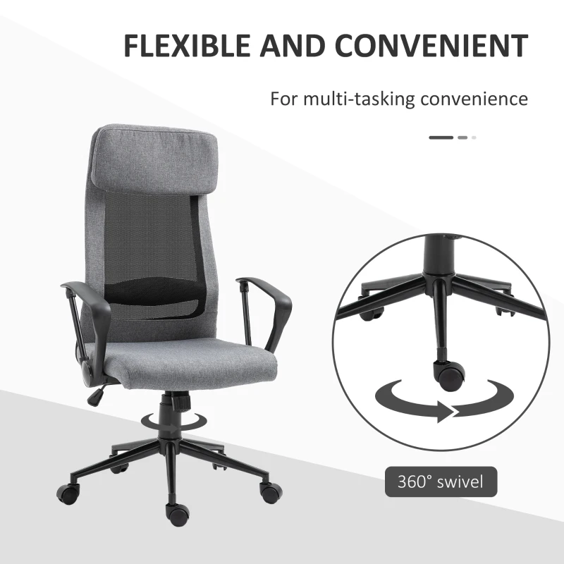 Vinsetto High Back Mesh Office Chair, Computer Chair with Headrest, Adjustable Height, Tilt Function and Armrests, Grey