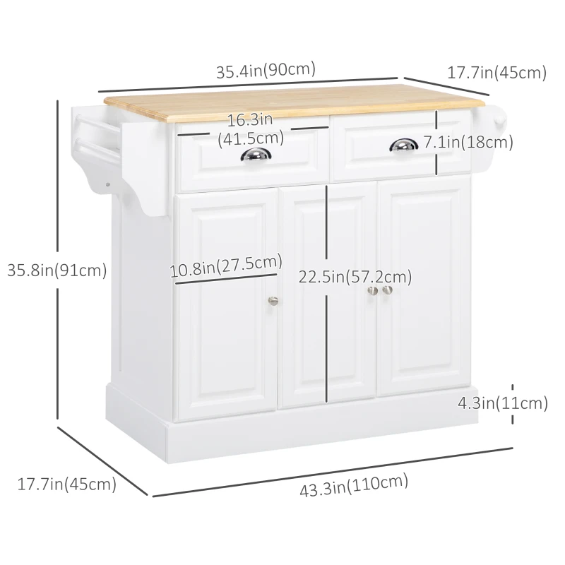 HOMCOM Kitchen Island with Storage Rolling Kitchen Serving Cart with Rubber Wood Top Towel Rack Storage Drawer Cabinet, White