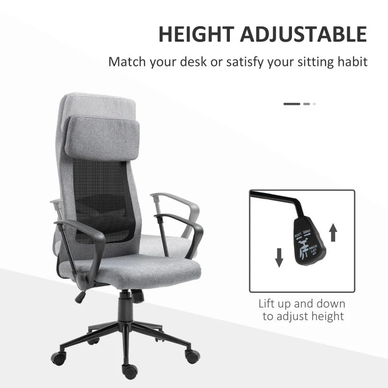 Vinsetto High Back Mesh Office Chair, Computer Chair with Headrest, Adjustable Height, Tilt Function and Armrests, Grey