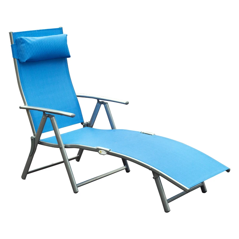 Outsunny Heavy-duty Adjustable Folding Reclining Chair Outdoor Sun Lounger Patio Chaise Lounge Garden Beach Gravity Lounge with Pillow, 7 Adjustable Backrest Positions, Blue