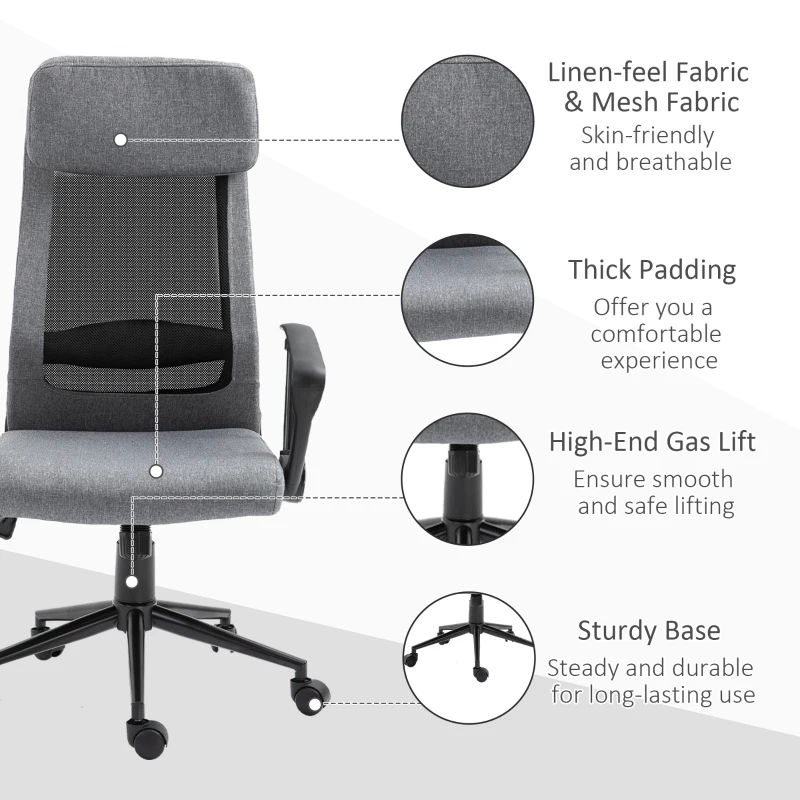Vinsetto High Back Mesh Office Chair, Computer Chair with Headrest, Adjustable Height, Tilt Function and Armrests, Grey