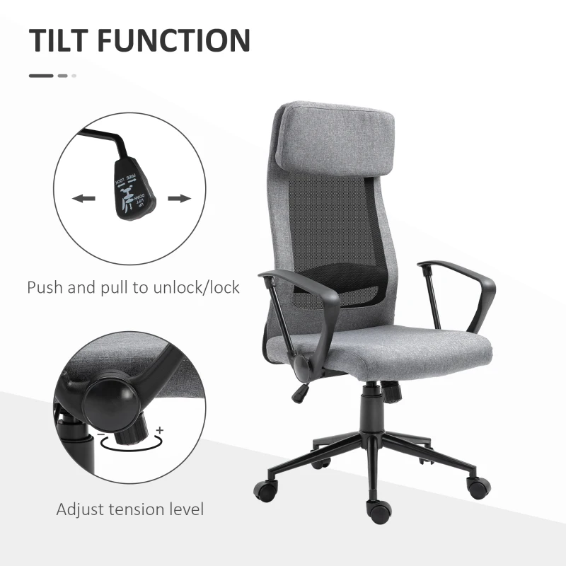 Vinsetto High Back Mesh Office Chair, Computer Chair with Headrest, Adjustable Height, Tilt Function and Armrests, Grey