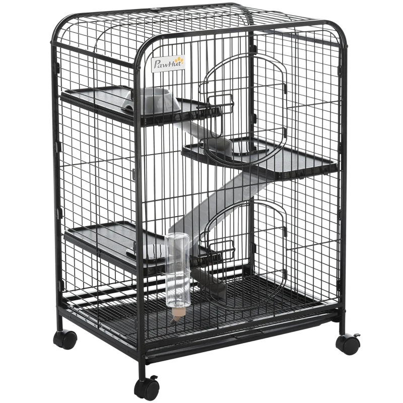 PawHut 4-Tier Ferret Cage, Small Animal Cage Pet Playpen for Rabbit Ferret Chinchilla on Wheels with Removable Tray Platform Ramp Food Dish Water Bottle, 24" x 17" x 37"