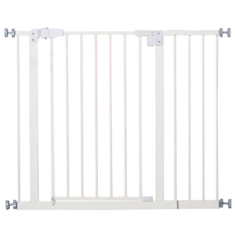 PawHut 30 Inch Tall Pet Gate with Door Dog Gate and Barrier Indoor for Stairs Includes 7", Extensions Kit, Pressure-Mounted Safety Gate, White