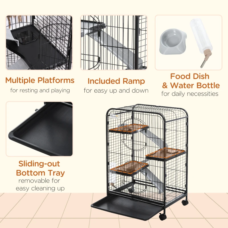 PawHut 4-Tier Ferret Cage, Small Animal Cage Pet Playpen for Rabbit Ferret Chinchilla on Wheels with Removable Tray Platform Ramp Food Dish Water Bottle, 24" x 17" x 37"